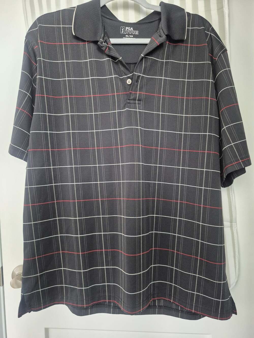 PGA Tour Men’s Polo Shirt Black Grid Pattern Performance Golf Size XL